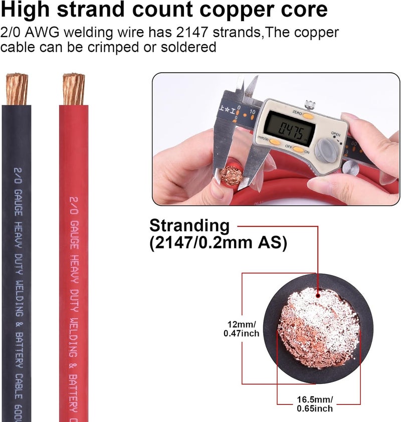 iGreely 2/0 Gauge 2/0 AWG Wire 10 Feet Black + 10 Feet Red Welding Battery Pure Copper Flexible Cable + 5pcs of 5/16" & 5pcs 3/8" Copper Cable Lugs Terminal Connectors+Heat Shrink Tubing - Image 2